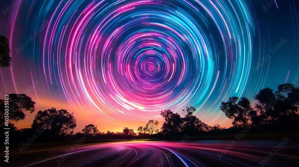 Poster long exposure star trails in the night sky, creating circular patterns above a silhouetted landscape