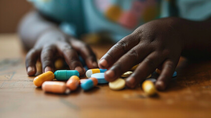 Danger of leaving tablets in places easily accessible to children. Medication pharmacy drug poisoning concept. African-American baby child's hand reaching for medical pills lying on the table