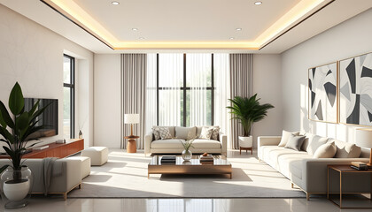 Fototapeta premium Large luxury modern bright interiors Living room mockup illustration 3D rendering image isolated with white highlights, png