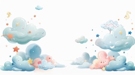 Cartoon sky graphic, cute style clouds, bright colors on a white background with space for text. Use as a design for your design or presentation.