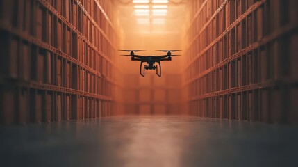 Automated warehouse drones scanning shelves, futuristic logistics solution