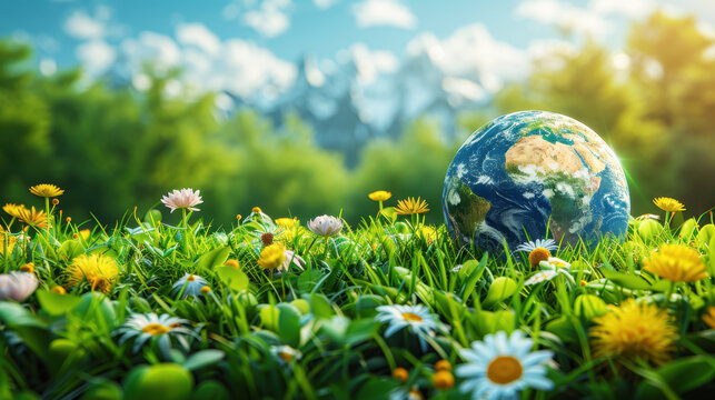 Model earth and globe world in wildflower and grass in tropical forest on the mountain view. It represents the conservation of natural resources and the environment. World ozone day