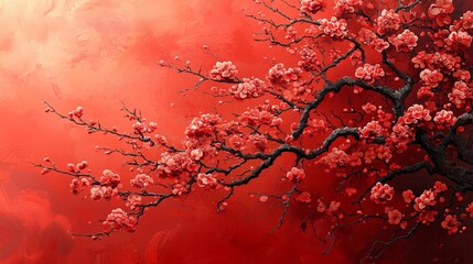A vibrant red background features a cherry blossom branch in full bloom.
