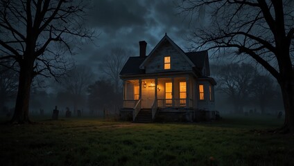 spooky halloween house , An old house with lit windows, in a dark, foggy, wooded area. Several trees are visible.