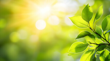 Obraz premium Sunlit Green Leaves with Bokeh Background, sunlit leaves, sunlight, nature, leaf, foliage