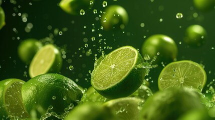 Fresh limes with water splash on green background