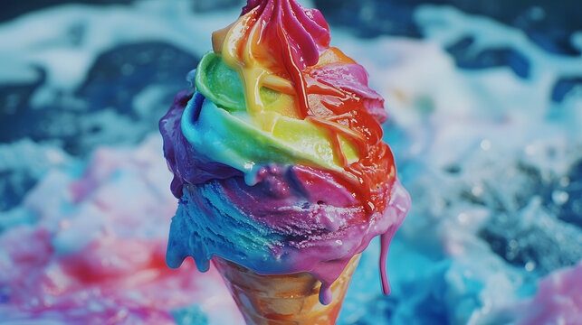 Closeup of Rainbow Ice cream, delicous summer dessert, colorful sweet food, tasty snack background