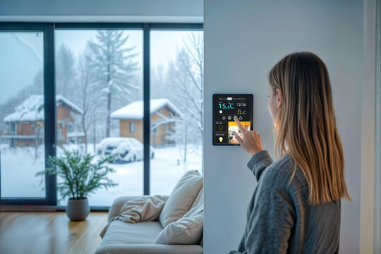 A woman lowers the temperature on a smart control panel, focusing on ecology and savings in the face of a potential energy crisis. The snowy landscape outside emphasizes the winter atmosphere.