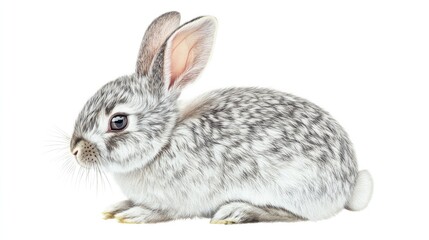 Obraz premium A delicate watercolor depiction of a rabbit sitting, with soft fur details in shades of gray and white, isolated on a clean white background for a gentle feel