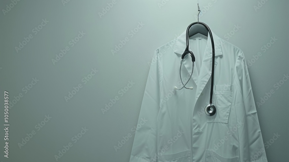 Poster a minimalist scene of a healthcare professional��s white coat and stethoscope hanging in an empty ex