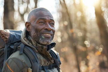 Obraz premium A seasoned hiker smiles warmly while exploring a sunlit forest trail. His backpack and gear reflect his passion for nature, appreciation of solitude, and adventure.