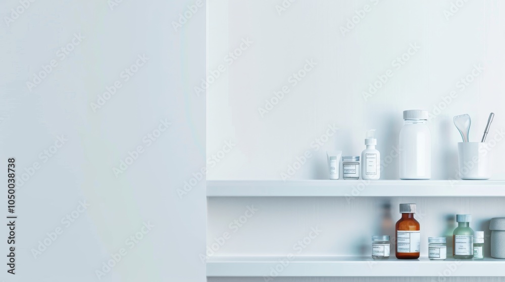 Poster a minimalist scene of a medicine cabinet with neatly arranged bottles and a prescription, set agains