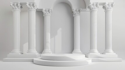 Naklejka premium Podium White marble columns with a round pedestal in front of a white arch.