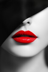 Obraz premium Red lips of woman set against smooth pale skin, creating intense contrast with minimalist aesthetic. Minimalism highlights allure of woman, blending elegance with striking simplicity concept.