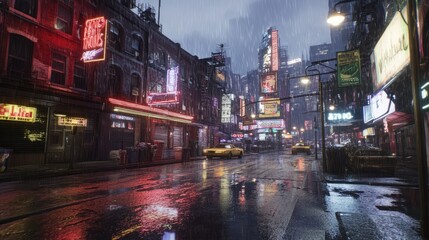Obraz premium Rainy Night Cityscape with Neon Lights and Reflections