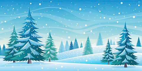 Fototapeta premium Snowy Winter Landscape with Hills and Coniferous Trees for Christmas Greeting Cards, Featuring Snowflakes and a Cozy Winter Day Atmosphere