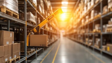 Obraz premium Robot arm picking items from shelf, advanced warehouse automation, clean setup