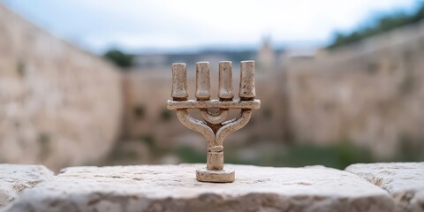 Menorah Symbol on Stone Wall with Blurred Background   Jewish Heritage  Religious Traditio