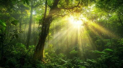 Obraz premium Serene Sunlight Filtering Through Lush Green Forest
