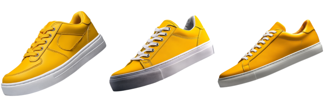 Three pairs of vibrant yellow casual sneakers are presented next to each other, each with unique design elements like different lacing styles and textures, perfect for any outfit