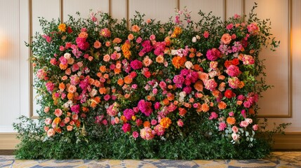 Naklejka premium A delightful flower backdrop showcasing a variety of vibrant blooms, perfect for creating a stunning visual impact at any event.