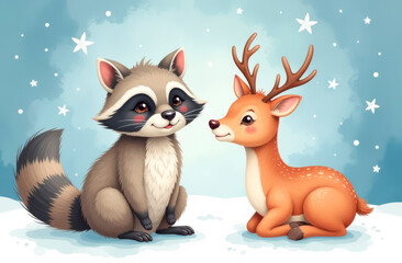 Obraz premium Raccoon and deer on a winter background. Illustration, postcard