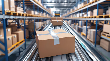 Fototapeta premium Packages moving on conveyor belt in modern warehouse with shelves in background