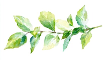 Obraz premium A fresh watercolor illustration of a sprig of mint leaves, painted in vibrant greens with fine vein details, isolated on a pure white background