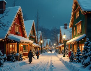 Fototapeta premium Cozy winter wonderland village with snow-covered cottages and festive lights