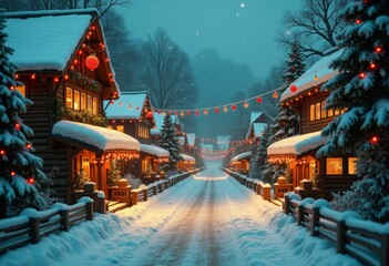 Obraz premium Cozy winter wonderland village illuminated by festive red lanterns