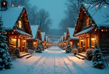 Fototapeta premium Cozy winter village at dusk with festive lights and snow-covered cabins
