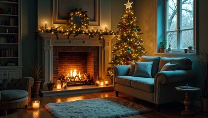Fototapeta premium Cozy christmas living room with tree and fireplace ambiance