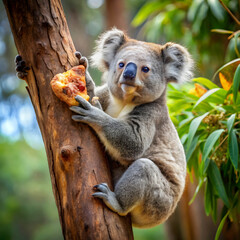 Fototapeta premium A comical koala finds itself stuck in a tree, hilariously attempting to eat a slice of pizza.