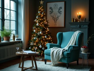 Fototapeta premium Cozy living room with christmas tree and armchair by candlelight