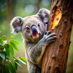 Fototapeta premium A comical koala finds itself stuck in a tree, hilariously attempting to eat a slice of pizza.