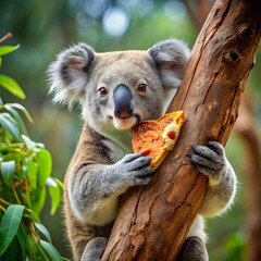 Obraz premium A comical koala finds itself stuck in a tree, hilariously attempting to eat a slice of pizza.
