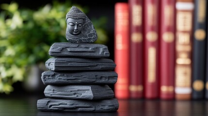 Fototapeta premium Buddha Statue on Stacked Stones with Books Background Zen Mindfulness Meditation Peac