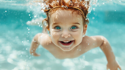 Smiling adorable infant baby swimming underwater in the pool

