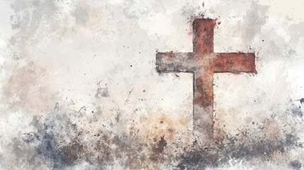 Watercolor style religious background. Brown cross on neutral beige textured watercolor background