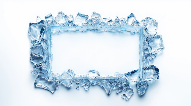 Rectangular frame in light blue ice. Frame made of ice shards.