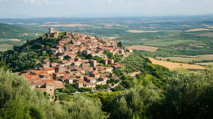 Obraz premium Hilltop Village in Tuscany, Italy, medieval, historic, ancient, architecture, buildings