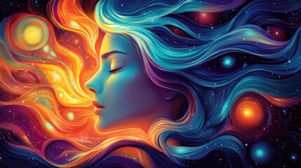 Obraz premium Serene Woman's Head with Vibrant Cosmic Colors