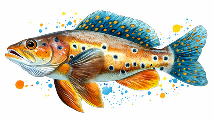 Fototapeta premium Watercolor Illustration of a Colorful Fish with Blue and Orange Fins, scales, spotted, aquatic, animal, nature