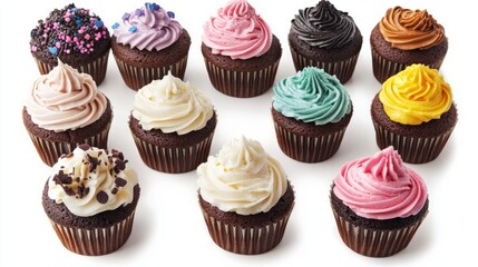 Assortment of Colorful Cupcakes with Whipped Frosting on Display