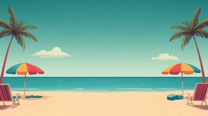 Fototapeta premium A serene beach scene featuring palm trees, colorful umbrellas, and calm ocean waters under a clear blue sky.