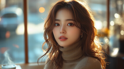 美女, 女性, 美しい, 顔, モデル, 日本, 韓国, 中国, アジア, カフェ, ファッション