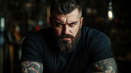 Fototapeta premium Portrait of a serious bearded man with tattoos, black t-shirt, looking intently into the camera, dimly lit background