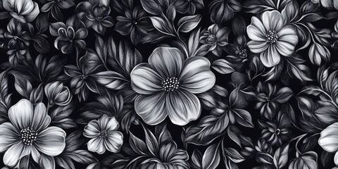 Obraz premium Black and white floral pattern with a black background. The flowers are drawn in a very detailed and intricate style