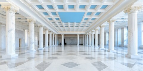 Obraz premium Grand Hallway Interior with Marble Columns and Light Blue Ceiling