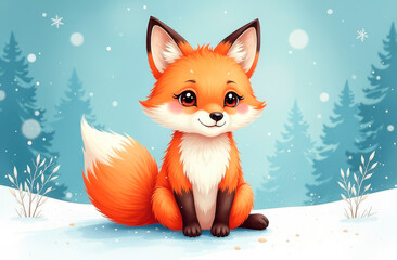Fototapeta premium Baby fox on a winter background. Illustration, postcard 